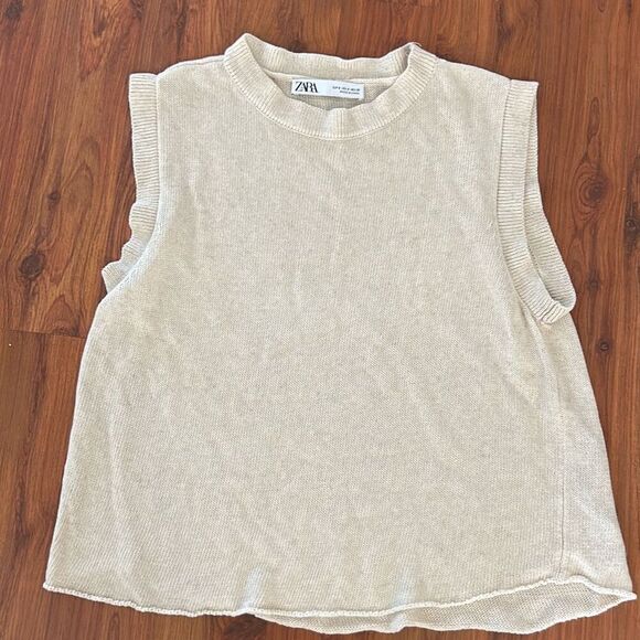 Zara beige cream sleeveless cropped sweater knit oatmeal color size small - Picture 1 of 4